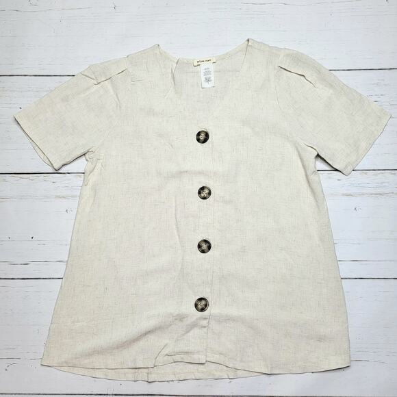 Yellow Chair Linen Blend Button Down Short Puff Sleeve Top Tan Beige New Small - Picture 1 of 6